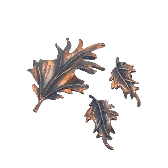 Vintage Copper Tone Leaf Brooch & Clip-On Earrings Set - Picture 6 of 6